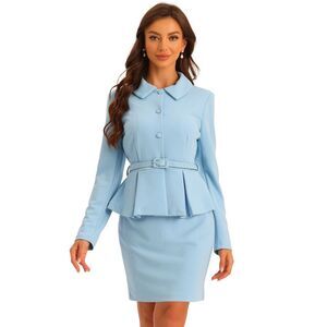 Women Business Suits Peplum Blazer Jacket Mini Pencil Skirt Sets Light Blue